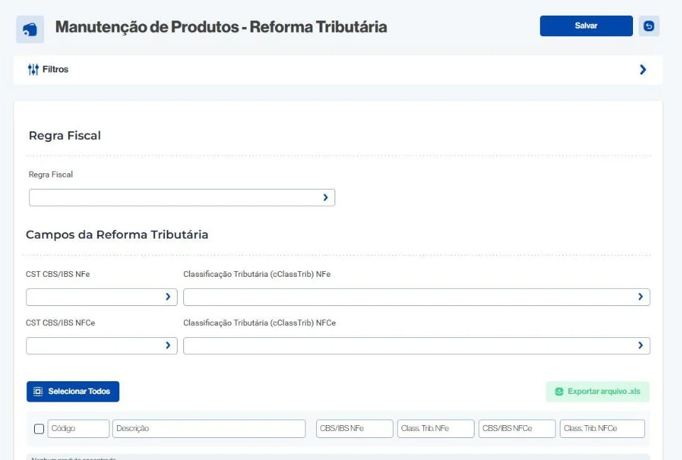 Tela de manutenção de produtos para a reforma tributária, com CST CBS/IBS e classificação tributária